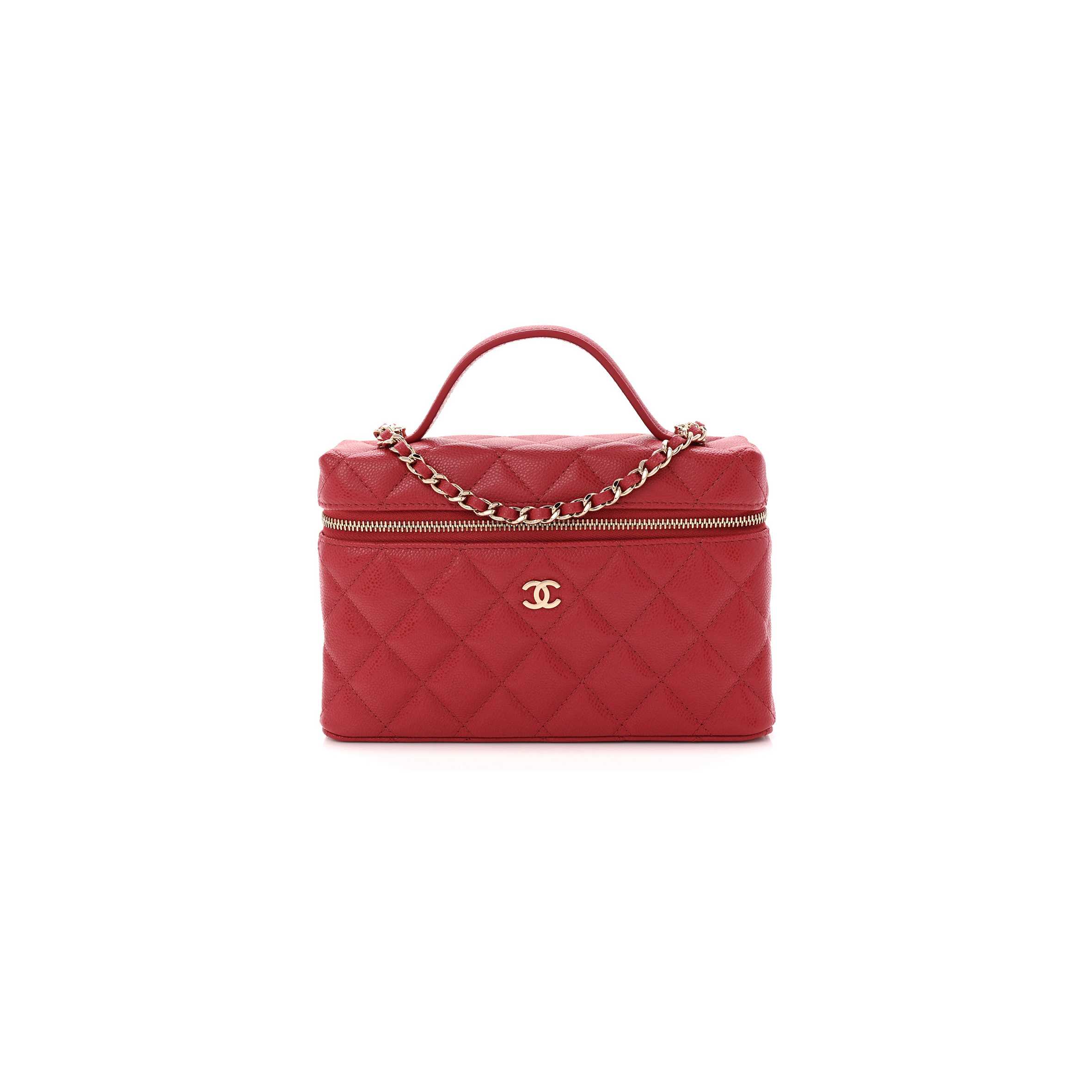 CHANEL CAVIAR QUILTED TOP HANDLE SLIM VANITY WITH CHAIN RED (19*11*5cm) 